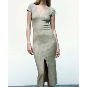 NWOT ZARA GREEN MARL SOFT TOUCH MIDI RIBBED KNIT DRESS. Size M Gray